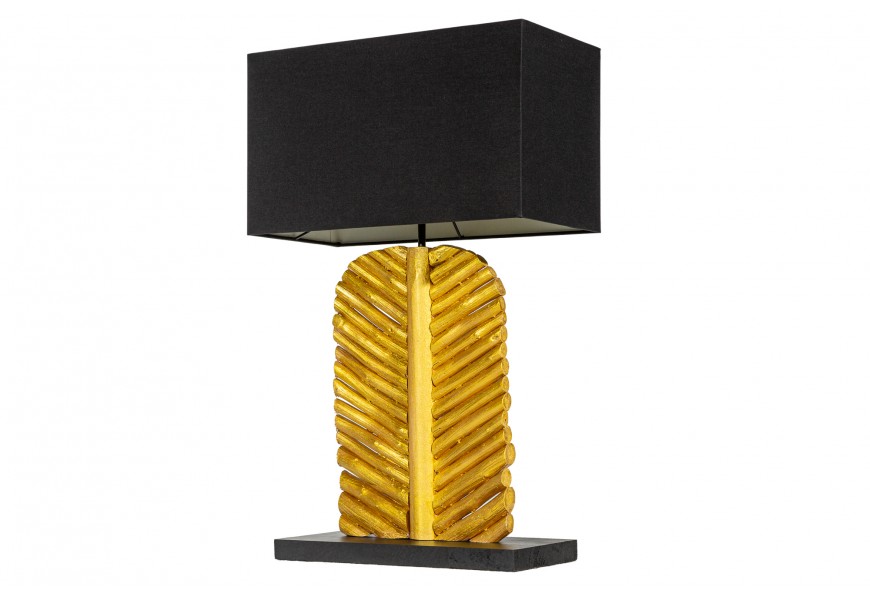 Štýlová nočná lampa Misivo so zlatou drevenou podstavou v Art-deco štýle a čiernym tienidlom
