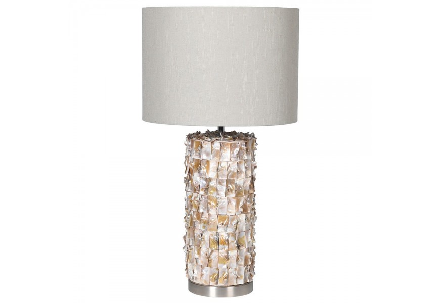 Štýlová Art-deco perleťová stolná lampa Taza s valcovým ľanovým tienidlom v béžovom odtieni