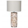 Štýlová Art-deco perleťová stolná lampa Taza s valcovým ľanovým tienidlom v béžovom odtieni
