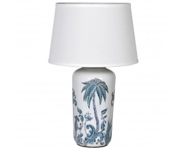 Jedinečná palmová stolná lampa Manaca s modro-bielou podstavou z porcelánu a ľanovým tienidlom