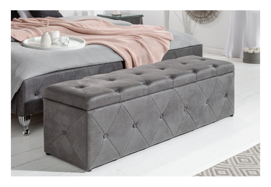 Moderný hranatý taburet Caledonia v sivom poťahu s úložným priestorom 140cm