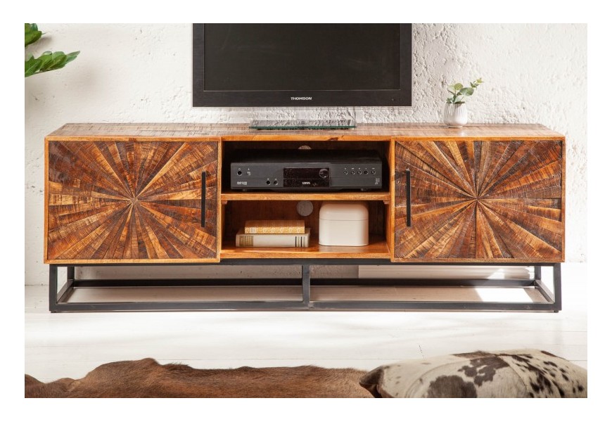 Štýlový industriálny TV stolík Fair Haven s masívnymi dvierkami a čiernymi kovovými nohami