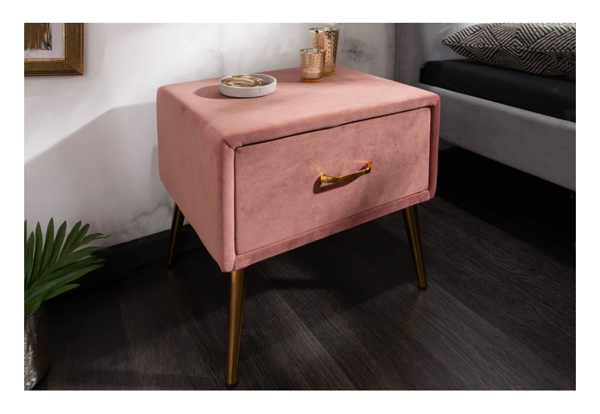 Art-deco nočný stolík Ribble z ružového zamatu so zásuvkou 45cm