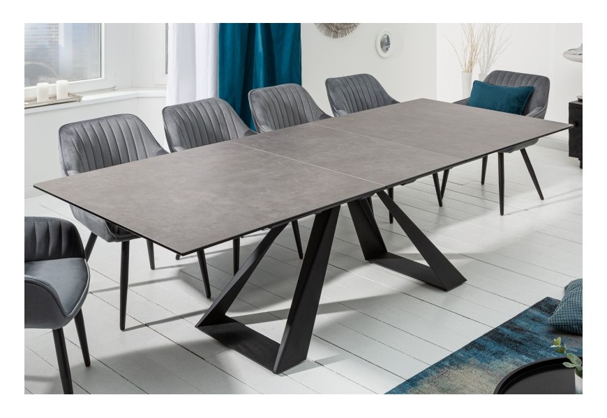 Luxusný rozkladací kamenný jedálenský stôl s keramickou doskou Laguna s kovovými čiernymi nohami