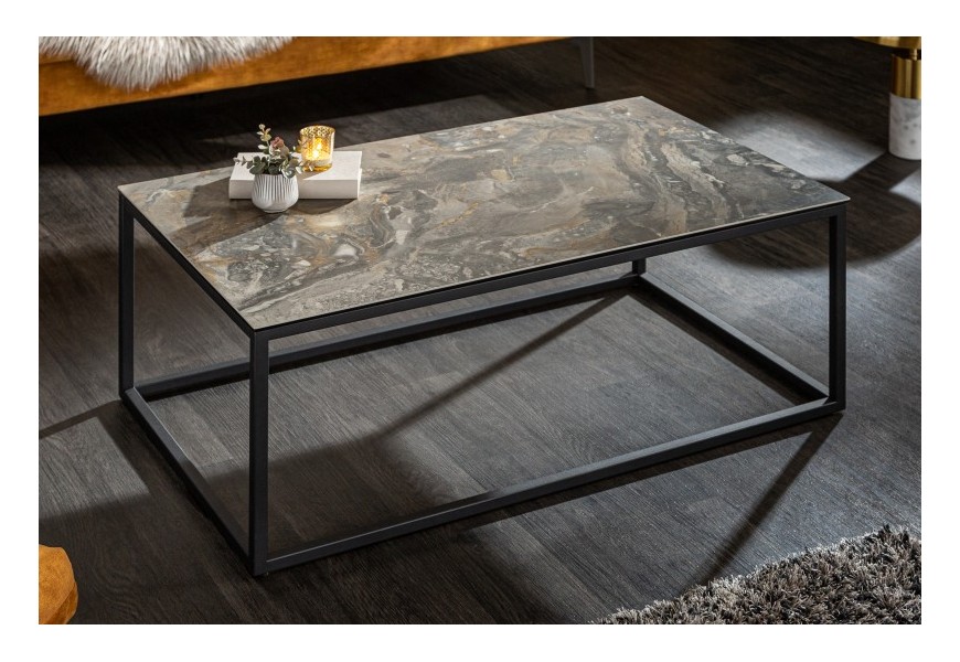 Dizajnový konferenčný stolík mramorový s čiernymi kovovými nohami