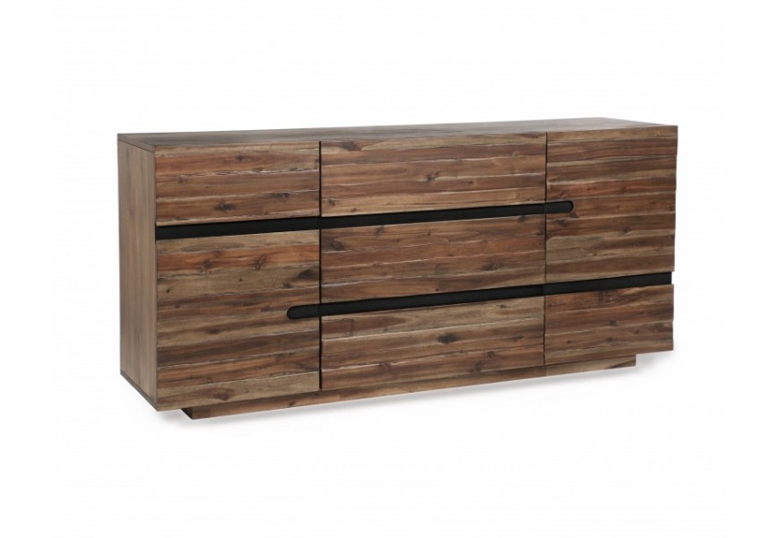 Dizajnový príborník Morgana v industriálnom štýle z masívneho agátového dreva hnedej farby so zásuvkami a dvierkami