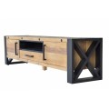 Industriálny dizajnový TV stolík Adin z masívu a kovu so zásuvkou a dvierkami 200cm