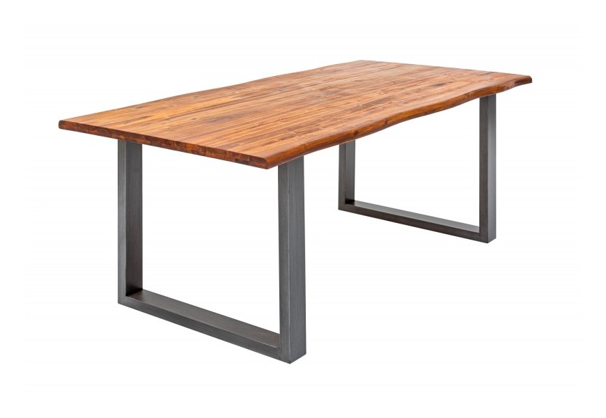 Štýlový masívny industriálny jedálenský stôl Forest so sivými kovovými nohami a akáciovou hnedou doskou