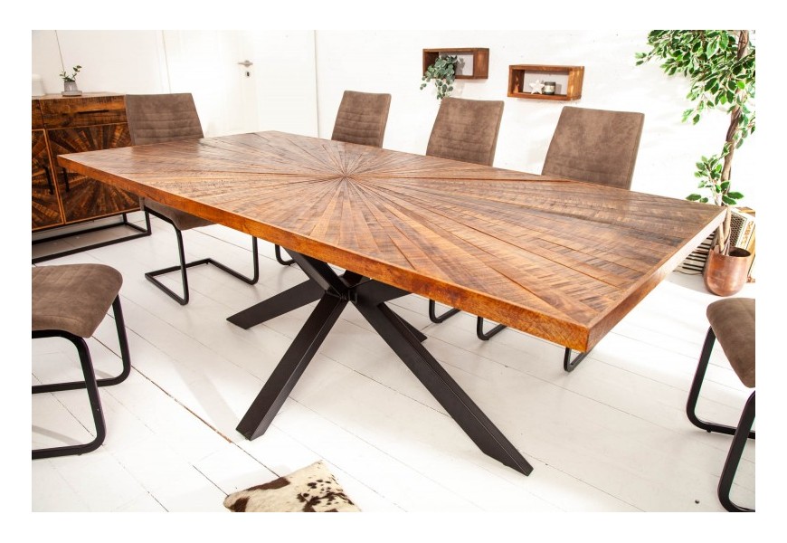 Štýlový industriálny jedálenský stôl Fair Haven z masívneho mangového dreva s prekríženými kovovými čiernymi nohami