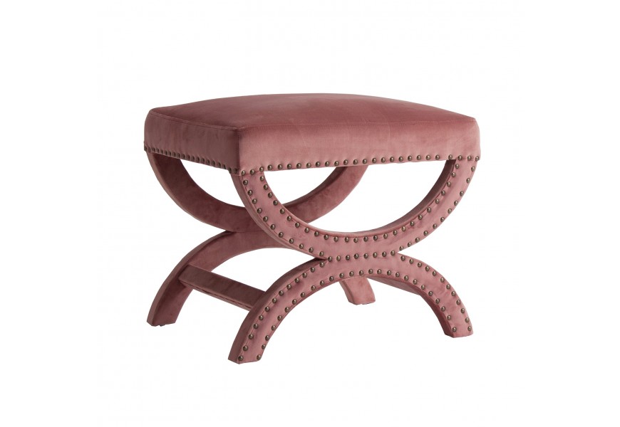 Luxusný ružový zamatový taburet Ossera s kovovými aplikáciami v honosnom Art-deco štýle
