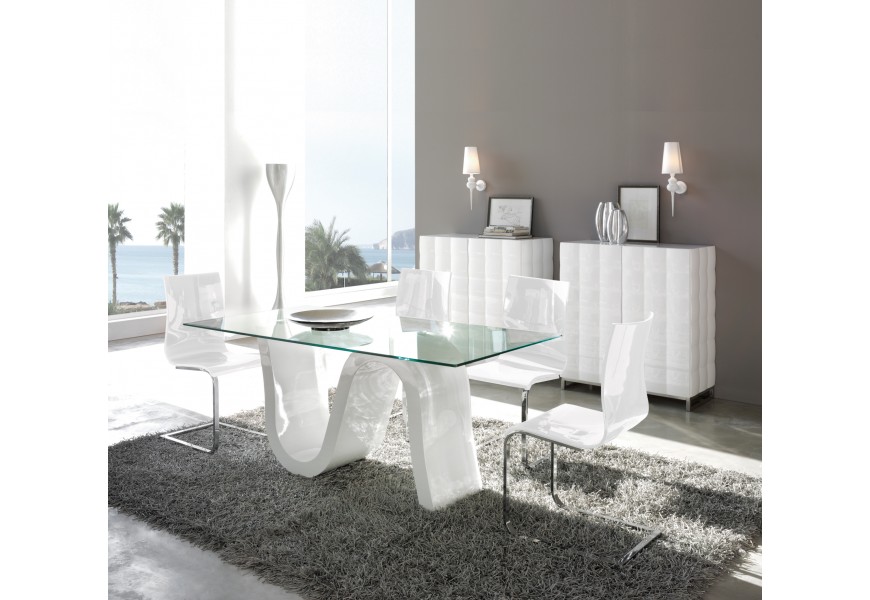Dizajnový sklenený jedálenský stôl Oleada s bielou vlnenou podnožou 180 cm