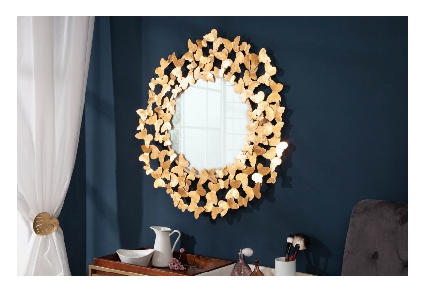 Art-deco nadčasové okrúhle nástenné zrkadlo Papillon v ráme zlatej farby 78cm