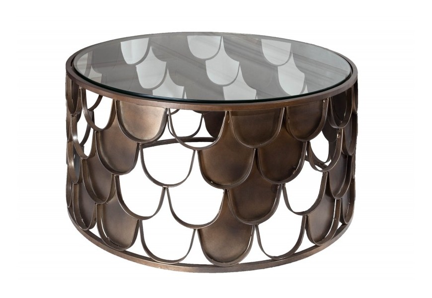 Štýlový okrúhly sklenený Art-deco konferenčný stolík Escama s bronzovou podstavou v tvare rybých šupín