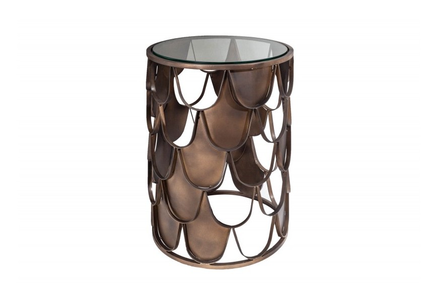 Štýlový Art-deco okrúhly príručný stolík Escama s bronzovou dekoratívnou konštrukciou a doskou zo skla