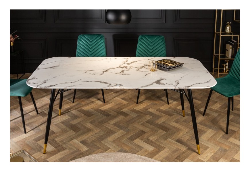 Retro dizajnový jedálenský stôl Forisma s bielou povrchovou doskou s mramorovým vzhľadom 180 cm