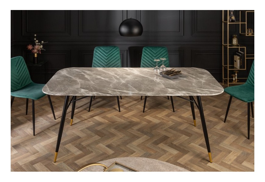 Luxusný retro šedý obdĺždnikový jedálenský stôl Forisma s vkusnými kovovými čiernymi nohami so zakončením zlatej farby