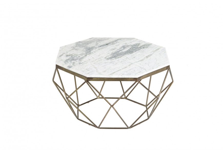 Art-deco štýlový konferenčný stolík Adamantino s bielou mramorovou doskou a bronzovou konštrukciou v tvare diamantu 69cm