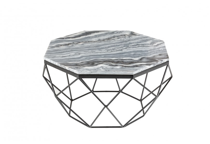 Štýlový mramorový konferenčný stolík Adamantino so sivým povrchom a čiernou konštrukciou v tvare diamantu