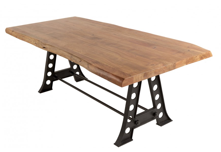 Štýlový masívny hranatý hnedý akáciový jedálenský stôl Mammut s industriálnou kovovou konštrukciou v čiernej farbe