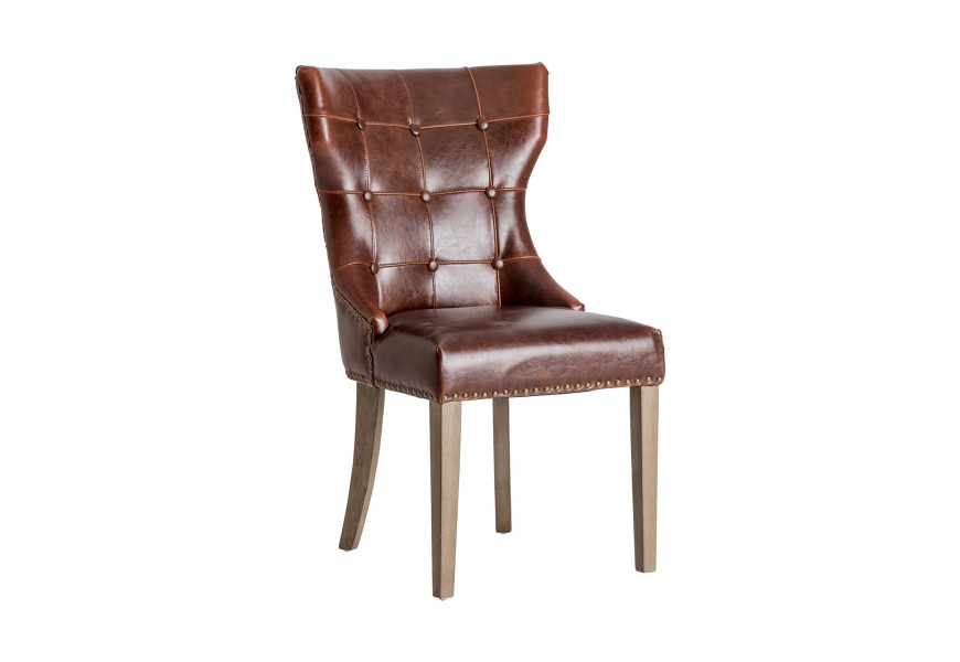 Hnedá jedálenská stolička z pravej kože v lesku s chesterfield prešívaním Zagra