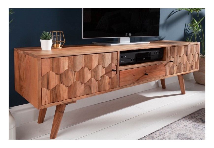 Luxusný drevený TV stolík Mozaika z masívneho dreva sheesham na nožičkách s úložným priestorom