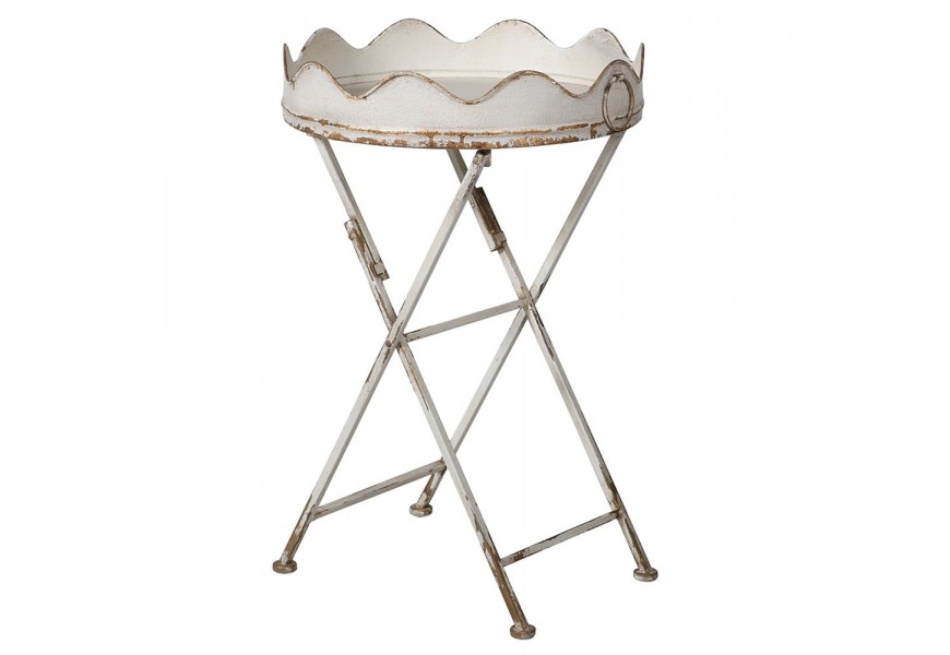 Jedinečný kruhový vintage príručný stolík Curle s dekoratívnymi úchytmi v krémovom odtieni