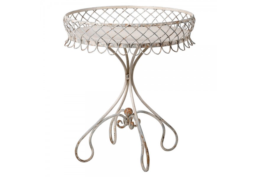 Štýlový vintage okrúhly príručný stolík Dovey z ohýbaného kovu v krémovom vintage odtieni