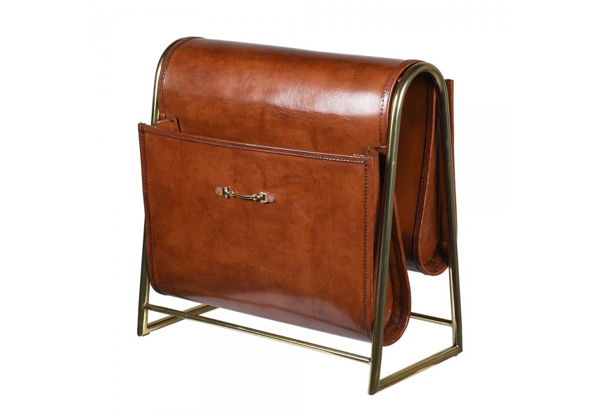 Štýlový hnedý kožený vintage stojan na časopisy Ron so zlatou podstavou s vintage patinou