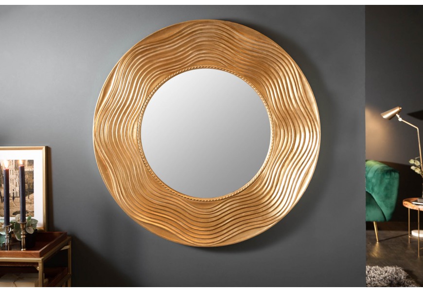 Nadčasové okrúhle nástenné zrkadlo Reondel v hrubom ráme zlatej farby v štýle art-deco