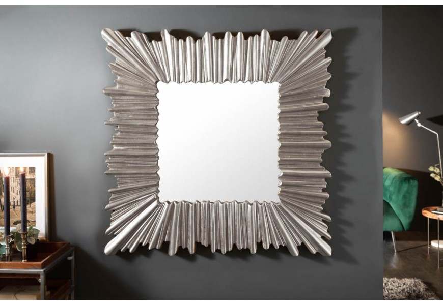 Art-deco štýlové štvorcové nástenné zrkadlo Cuadrado v hrubom ráme striebornej farby 96cm