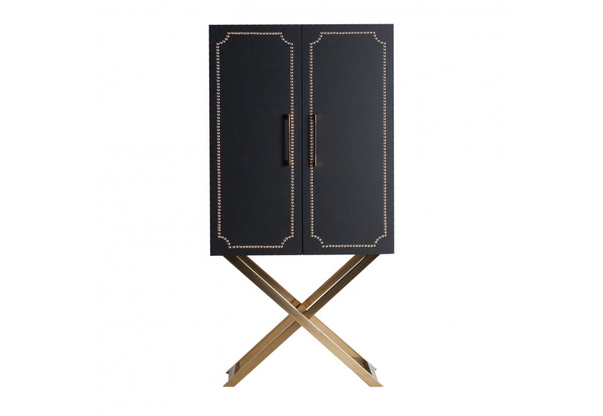 Art-deco luxusn&aacute; čierna barov&aacute; skriňa SALZBURGO z kože so zlat&yacute;m zdoben&iacute;m