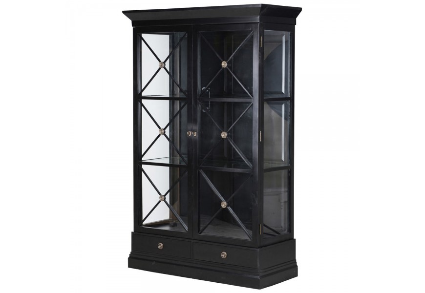 Moderná art-deco vitrína Pinesdale obdĺžnikového tvaru v čiernej farbe so sklenenými dvierkami a zásuvkami