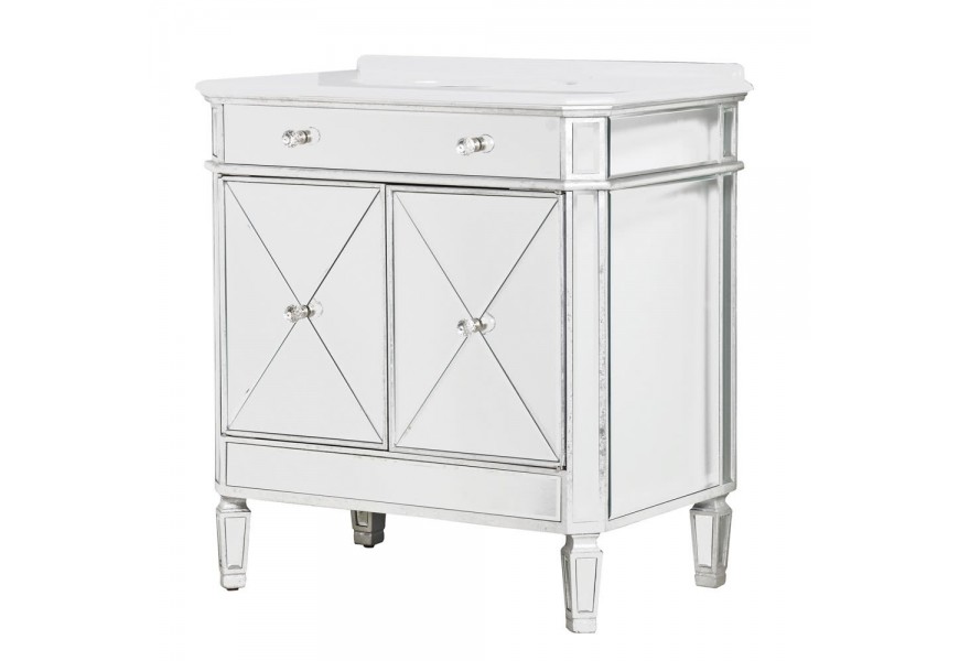 Dizajnová zrkadlová umývadlová skrinka v art-deco štýle s úložným priestorom v bielej farbe