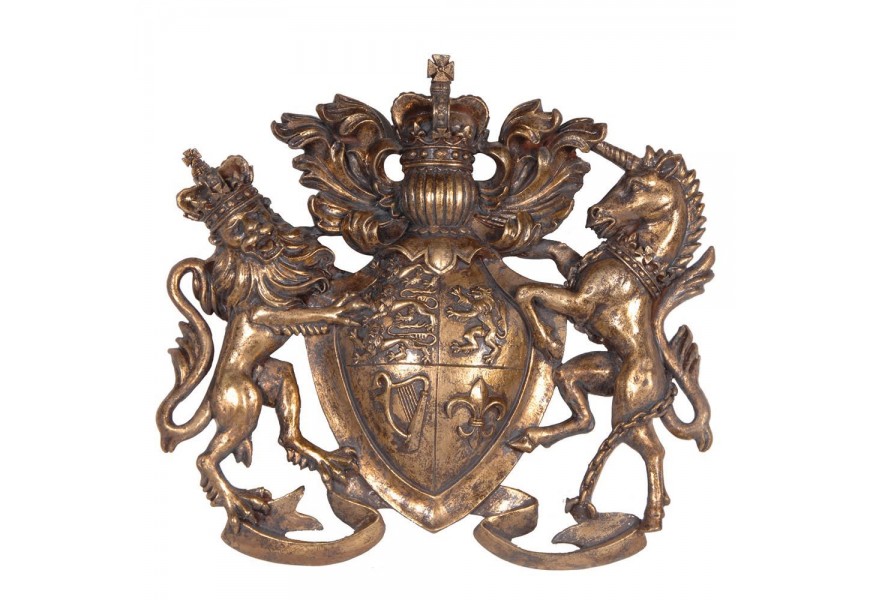 Štýlová nástenná dekorácia Erb s motívom koňa a leva v zlatej farbe zo živice