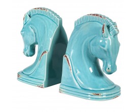 Vintage atické zarážky na knihy Kôň modrej farby z keramiky