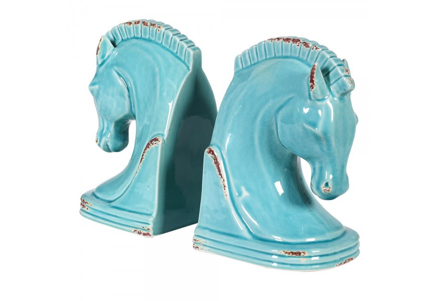 Vintage atické zarážky na knihy Kôň modrej farby z keramiky