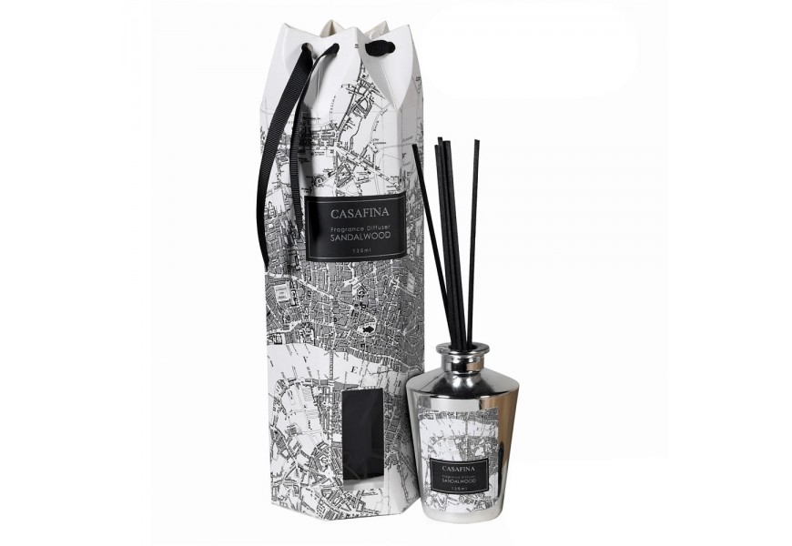 Luxusný Aroma difúzer s vôňou santalového dreva v striebornej fľaštičke s dizajnom mapy