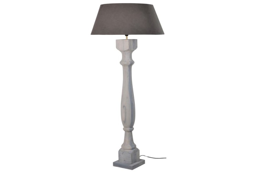 Klasická stojaca lampa Nadine z mangového dreva so sivým tienidlom 158cm