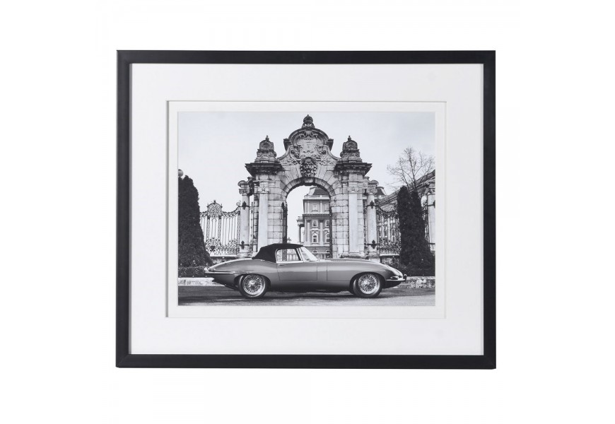 Dizajnový vintage čiernobiely nástenný obraz Jaguár s čiernym rámom