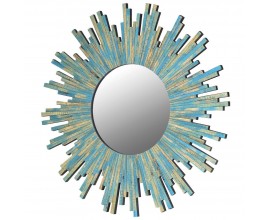 Art-deco nástenné kruhové zrkadlo Minne v modrej farbe z dreva 78cm 