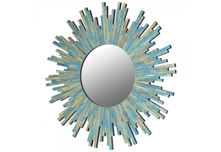 Dizajnové kruhové závesné zrkadlo Minne v modrej farbe s rámom z dreva v art-deco štýle