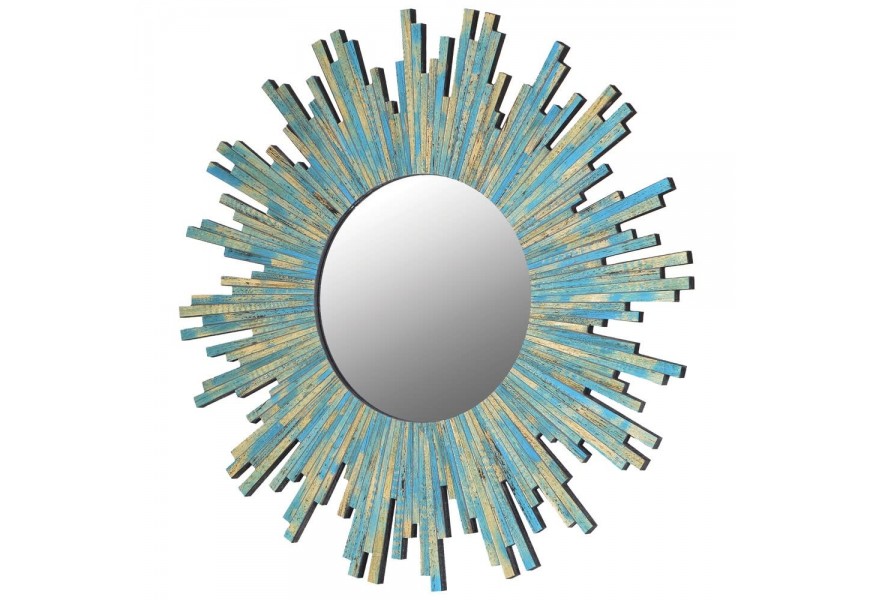 Dizajnové kruhové závesné zrkadlo Minne v modrej farbe s rámom z dreva v art-deco štýle