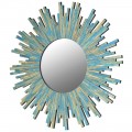 Dizajnové kruhové závesné zrkadlo Minne v modrej farbe s rámom z dreva v art-deco štýle
