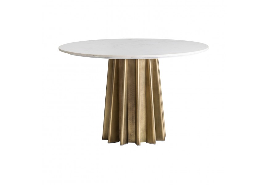 Štýlový mramorový okrúhly jedálenský stôl Lezey s bledou doskou a zlatou kovovou nohou v štýle Art-deco