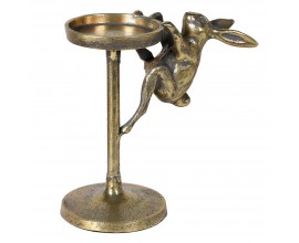 Vintage mosadzn&yacute; stojan na sviečku Rabbit z kovu v zlatej farbe s tmavou starožitnou patinou v okr&uacute;hlom tvare s jednou nohou s dekor&aacute;ciou v podobe fig&uacute;ry zajaca