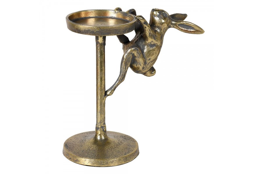 Vintage mosadzný stojan na sviečku Rabbit z kovu v zlatej farbe s tmavou starožitnou patinou v okrúhlom tvare s jednou nohou s dekoráciou v podobe figúry zajaca