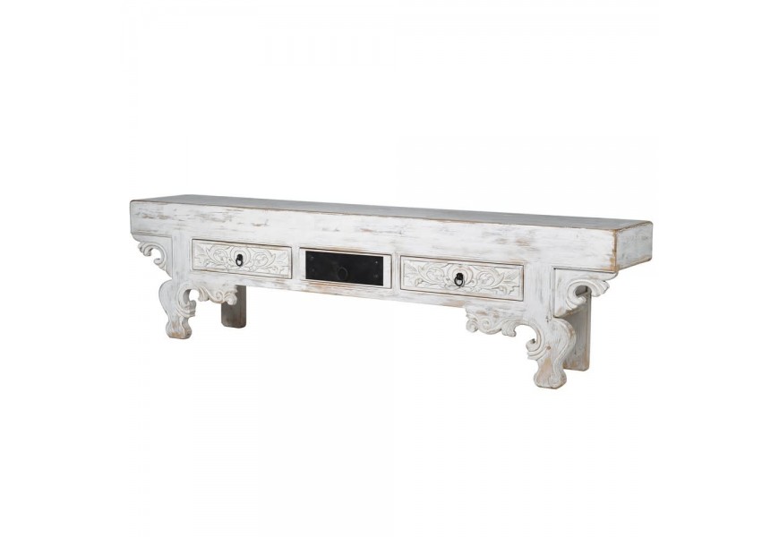 Luxusná provensálska lavica Harold bielej farbe z masívneho dreva s ornamentálnym vyrezávaním a tromi zásuvkami
