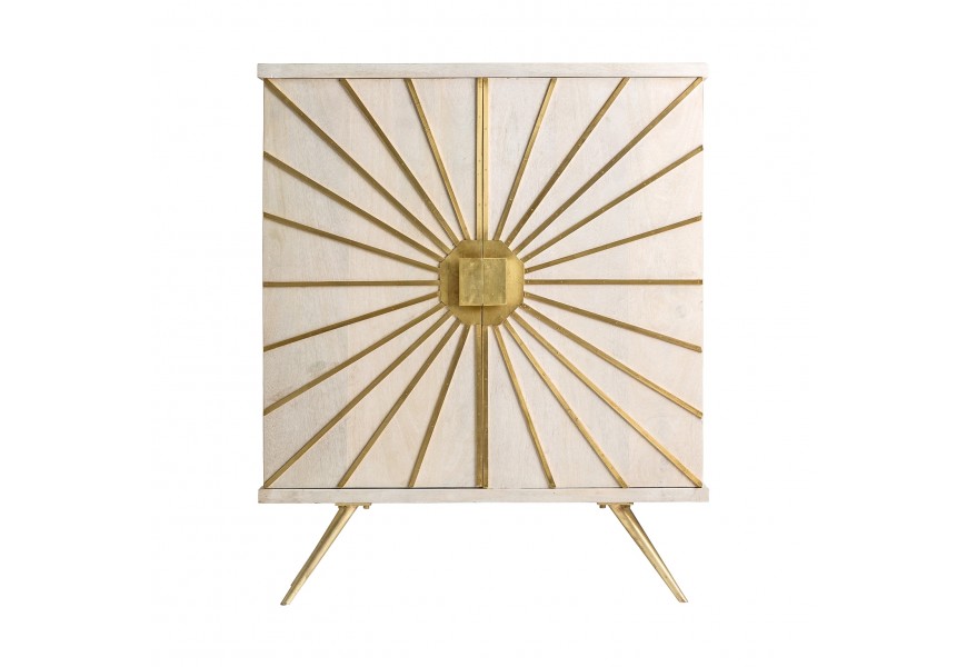 Štýlová luxusná drevená skrinka Prem v krémovom odtieni so zlatými nohami a Art-deco motívom na dvierkach