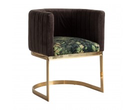 Art-deco luxusná jedálenská stolička Anatye s hnedým operadlom zeleným vzorom na sedadle a zlatou podstavou 75cm