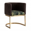 Luxusná Art-deco jedálenská stolička Anatye na zlatej nove so zeleným florálnym vzorom na sedadle a prešitím na zemitom operadle